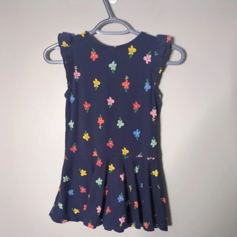 Hanna Andersson Flower Ruffle Dress Navy Size 6/7 (120cm) Pockets Cap Sleeves - Picture 2 of 8